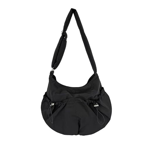 Jiqoe Plissierte Umhängetasche, einfarbig, Nylon, Schultertaschen für Damen und Mädchen, gerüschter Kordelzug, modische Einkaufstasche, Schwarz von Jiqoe