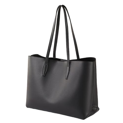 Jiqoe Shopper PU-Tasche, Einkaufstasche, großes Fassungsvermögen, Handtasche, Schultertasche, einfarbig, trendige Taschen, Schultasche für Mädchen und Frauen, Schwarz von Jiqoe