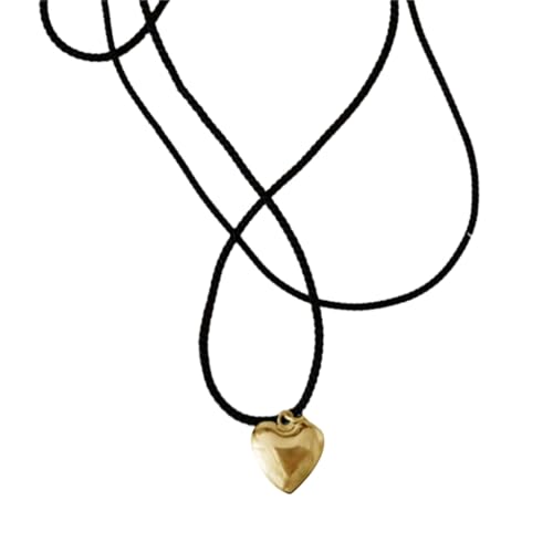 Jiqoe Stilvolle Halskette mit Herz-Anhänger, schwarzes Seil, modisch, verstellbar, für Damen, Mädchen, Teenager, leichter Choker, S, CCB-Goldbeschichtung von Jiqoe