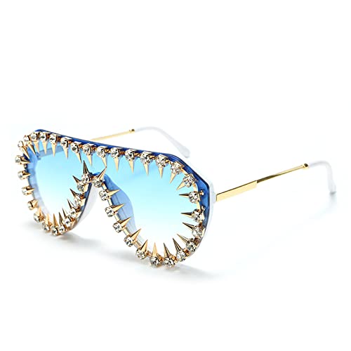 Jiqoe Y2k Sonnenbrille, Strassrahmen, Sonnenbrille, Blendschutz, Sonnenbrille, Strand-Sonnenbrille, Nieten, Sonnenbrille, Foto-Sonnenbrille, Strass-Rahmen, Sonnenbrille, Weißer Rahmen, blaue Folie von Jiqoe