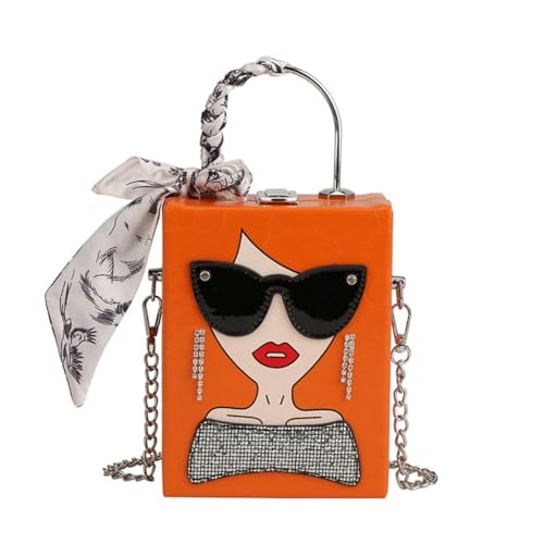 Lässige Handtasche, modisch, quadratisch, PU, Umhängetasche, Kettentasche für Mädchen, Frauen, Dame im Brillenstil, Orange von Jiqoe