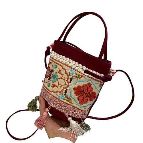 Retro Ethno-Stil Schultertaschen Reise Crossbody Taschen Sommer Vintage Quaste Stickerei Handtasche Damen Mädchen Quaste Tasche, rot von Jiqoe