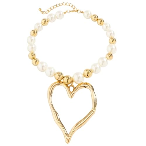 Stilvolle Halskette mit Anhänger, unregelmäßige Halskette, übertriebene Herz-Halskette, einzigartiger Halsschmuck, perfektes Geschenk für Frauen und Mädchen, Kunstperlen + CCB + Legierung von Jiqoe