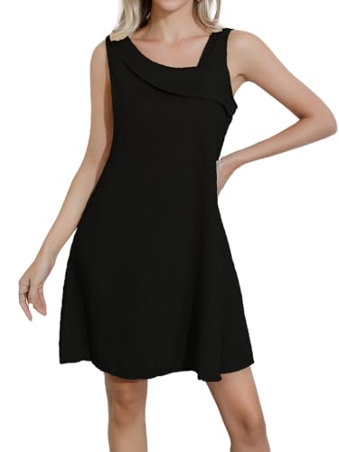 Jiraewh Damen Lose Mini-Tankkleid ärmelloses Casual Sommerkleid Textur Einfarbig Urlaubskleid (XL, Schwarz) von Jiraewh