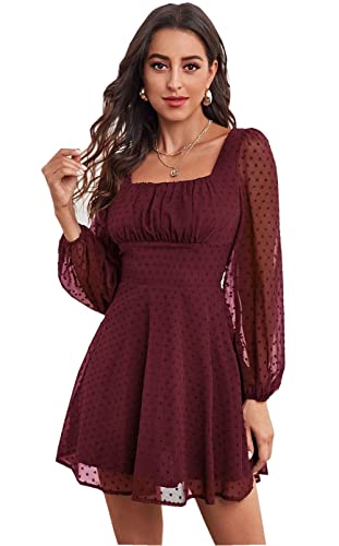 Jiraewh Damen Sommerkleider Langarm Polka Dots Cocktailkleid Elegant Einfarbig Square Neck A-Linie Minikleider (M, 5027-Weinrot) von Jiraewh