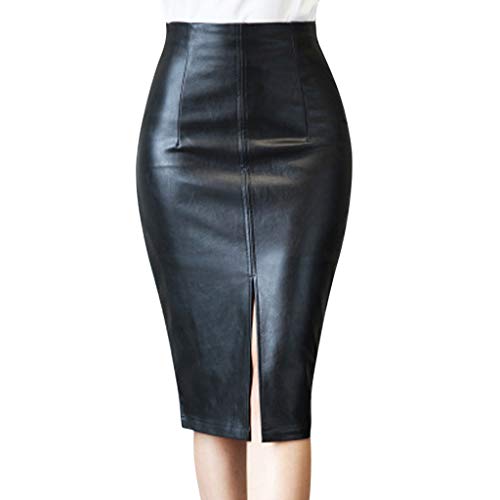 Jiraunvy Damen Lederrock Hohe Taille Slim Fit Bleistiftrock Schlitz Vorne Dehnbar Bodycon Midirock Solide Damen Rock Übergröße Schmaler Hüftrock Knielanger Rock von Jiraunvy