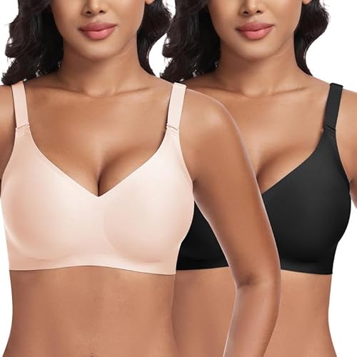 Jiuday BH Damen ohne Bügel Push Up BH Große Größen Guter Halt Bügelloser BH Seamless Bra Soft BH ohne Buegel Bequemer T Shirt V-Ausschnitt Bralette (Schwarz+Beige,L) von Jiuday