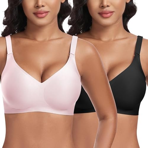 Jiuday BH Damen ohne Bügel Push Up BH Große Größen Guter Halt Bügelloser BH Seamless Bra Soft BH ohne Buegel Bequemer T Shirt V-Ausschnitt Bralette (Schwarz+Rosa,2XL) von Jiuday