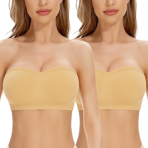 Jiuday Trägerloser BH Push Up Gepolstert Bandeau BH ohne Träger Bandeau Top Damen Bralette mit Rutschfester Silikon Transparente Träger Soft Seamless Strapless Bra ohne Bügel (Beige+Beige,L) von Jiuday