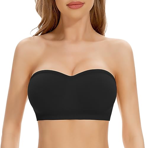 Jiuday Trägerloser BH Push Up Gepolstert Bandeau BH ohne Träger Bandeau Top Damen Bralette mit Rutschfester Silikon Transparente Träger Soft Seamless Strapless Bra ohne Bügel (Schwarz,L) von Jiuday