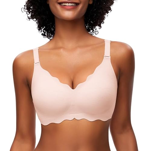 Jiuday Damen BH ohne Bügel Spitzen Soft BH Große Brüste Starker Halt Push Up Bügelloser BH Gepolstert Seamless Bequemer Nahtloser Bra V-Ausschnitt Minimizer Bralette (Rosa,S) von Jiuday