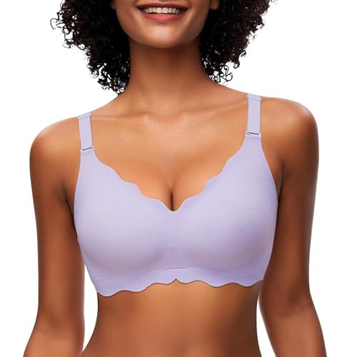 Jiuday Damen BH ohne Bügel Spitzen Soft BH Große Brüste Starker Halt Push Up Bügelloser BH Gepolstert Seamless Bequemer Nahtloser Bra V-Ausschnitt Minimizer Bralette (Violett,M) von Jiuday