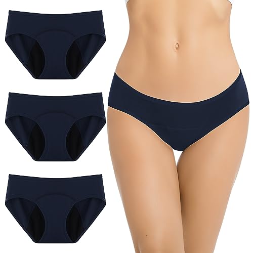 Jiuday 100% Baumwolle Periodenunterschwäsche Starke Blutung Perioden Unterwäsche für Mädchen Damen Perioden Bikini Menstruation Unterwäsche Auslaufsichere-3 Stücken (Blau+Blau+Blau,2XL) von Jiuday