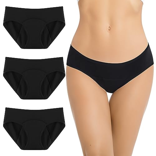 Jiuday 100% Baumwolle Periodenunterschwäsche Starke Blutung Perioden Unterwäsche für Mädchen Damen Perioden Bikini Menstruation Unterwäsche Auslaufsichere-3 Stücken (Schwarz+Schwarz+Schwarz,L) von Jiuday