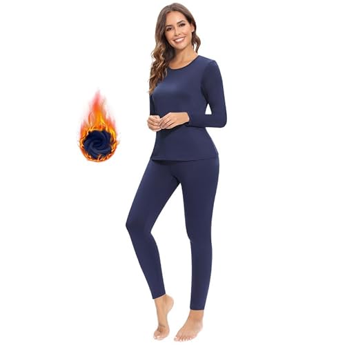 Jiuday Thermounterwäsche Damen Winter Funktionswäsche Set Warm Thermo Oberteil & Leggings Atmungsaktiv Flexibel Skiunterwäsche für Hause Wintersport (Navy Blau,M) von Jiuday