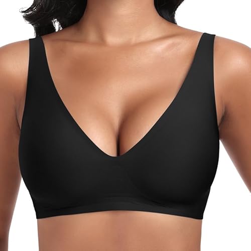 Jiuday Tiefer V Push Up BH ohne Bügel for Damen Bequemer BH für Große Brüste Starker Halt Seamless Soft Bügelloser Gepolstert Nahtloser Glatter BH (Schwarz,L) von Jiuday