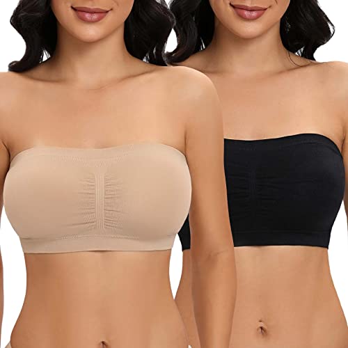 Jiuday Trägerloser BH Damen Bandeau BH ohne Träger Gepolsterter BH Nahtloser BH Tube Top Bralette (Schwarz+Beige,XL) von Jiuday