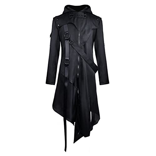 Jiumaocleu Herren Lange Tench Mäntel Steampunk Vintage Kapuzenjacke Winddicht Warm Mittelalter Gothic Viktorianischen Unregelmäßigen Frack Halloween Weihnachten Kostüm S-5XL, Schwarz , L von Jiumaocleu