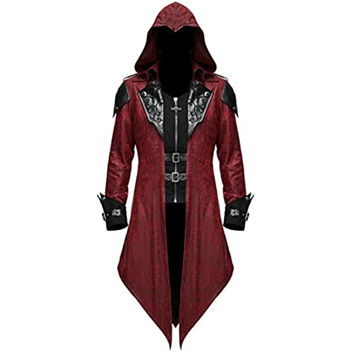 Jiumaocleu Herren-Trenchcoat, Gothic-Kostüm, Kapuzenjacke, mittelalterlicher Umhang, viktorianischer Schwanz, Steampunk, Mittelalter, Halloween, Maskerade, Retro, Spleiß-Kostüm, Mantel, S-5XL, rot, von Jiumaocleu