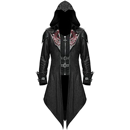 Jiumaocleu Herren Trenchcoat Gothic Kostüm Kapuzenjacke Mittelalter Umhang Viktorianischer Schwanzmantel Steampunk Mittelalter Halloween Maskerade Retro Spleißen Kostüm Mantel S-5XL, Schwarz , XXXXL von Jiumaocleu