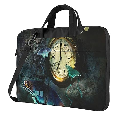 Uhr Schmetterling gedruckt Laptop Tasche 13/14/15,6 Zoll, ultradünne Laptoptasche Sleeve mit Schultergurt, Computer Aktentasche Abdeckung für Männer Frauen, Schwarz , 15.6 inch von Jmorco