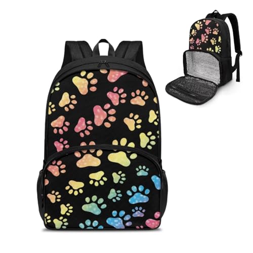 Jndtueit Rucksack und Lunchbox mit Regenbogen-Hundepfotenabdruck, Set für Mädchen, 2-in-1-Schulrucksack, isolierte Lunchtasche, leicht, Regenbogen-Hundepfotenabdruck, L von Jndtueit