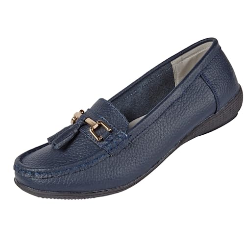 Damen-Loafer mit großer Passform, Leder, Quaste, Mokassin, flach, zum Reinschlüpfen, Größe 37-42, navy, 36 EU Damen-Loafer mit großer Passform, Leder, Quaste, Mokassin, flach, zum Reinschlüpfen, Größe 37-42, navy, 36 EU von Jo & Joe