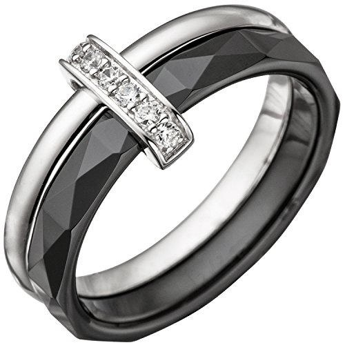 Jobo Damen-Ring aus 925 Silber und schwarzer Keramik mit Zirkonia Größe 56 von Jobo