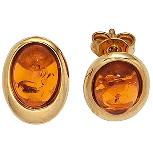 Jobo Damen Ohrstecker oval 375 Gold Gelbgold 2 Bernstein-Cabochons orange Ohrringe von Jobo