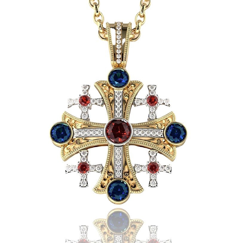 14K Gold Jerusalem Kreuz Anhänger Diamanten, Kruzifix Anhänger, Heiliges Land Kreuz von JoelGoldDesigns