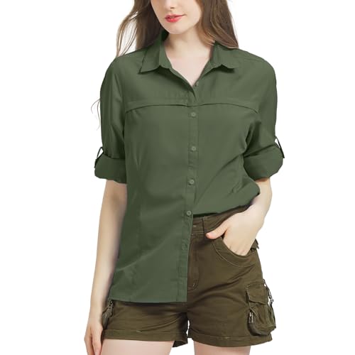 Bluse Damen UPF 50 UV Shirt Damen Safari Kleidung Damen Quick Dry Outdoor Wanderhemd Casual Tops Sport Oberteile Langarmshirt Army Green-L von Jogwits