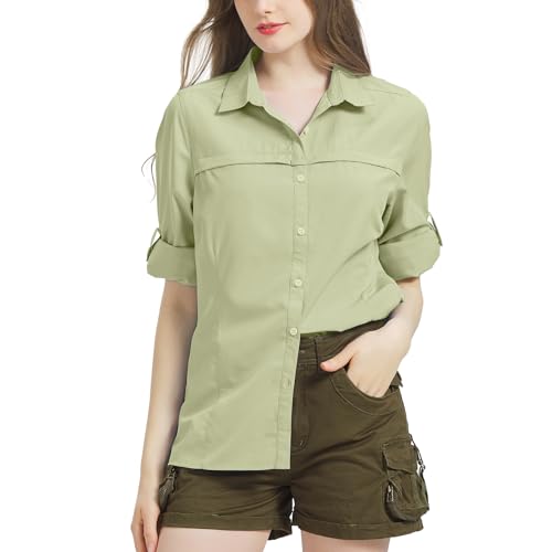 Bluse Damen UPF 50 UV Shirt Damen Safari Kleidung Damen Quick Dry Outdoor Wanderhemd Casual Tops Sport Oberteile Langarmshirt Khaki-3XL von Jogwits