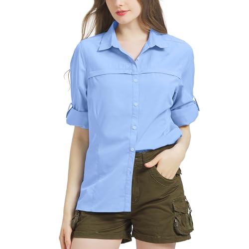 Bluse Damen UPF 50 UV Shirt Damen Safari Kleidung Damen Quick Dry Outdoor Wanderhemd Casual Tops Sport Oberteile Langarmshirt Army Blue-3XL von Jogwits