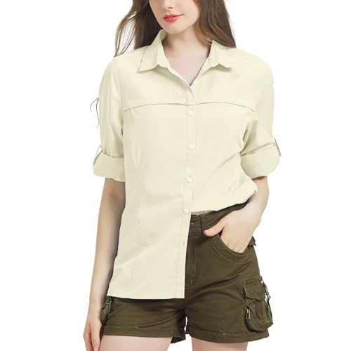 Bluse Damen UPF 50 UV Shirt Damen Safari Kleidung Damen Quick Dry Outdoor Wanderhemd Casual Tops Sport Oberteile Langarmshirt Light Khaki-XL von Jogwits