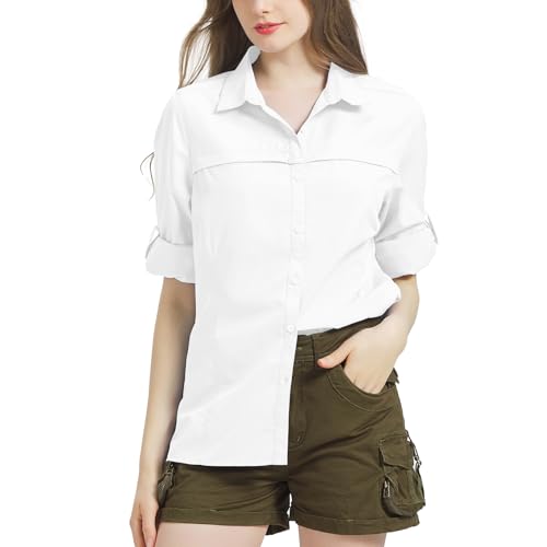 Bluse Damen UPF 50 UV Shirt Damen Safari Kleidung Damen Quick Dry Outdoor Wanderhemd Casual Tops Sport Oberteile Langarmshirt White-M von Jogwits