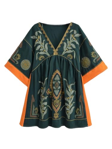 Joiemont Übergroßes besticktes Damenkleid mit V-Ausschnitt und 3/4-Ärmeln, Vintage-Stickerei, Babydoll-Kleid, Dunkelgrün, Mittel Joiemont Übergroßes besticktes Damenkleid mit V-Ausschnitt und 3/4-Ärmeln, Vintage-Stickerei, Babydoll-Kleid, Dunkelgrün, Mittel von Joiemont