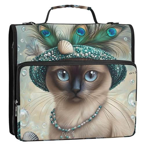 Ordner mit 3 Ringen, 3,8 cm, D-Ring, elegante siamesische Katze, Pfauenhut, Reißverschluss, Ordner mit Schultergurt, für Schule, Dokumente, mehrere Taschen, große Mappe Ordner mit 3 Ringen, 3,8 cm, D-Ring, elegante siamesische Katze, Pfauenhut, Reißverschluss, Ordner mit Schultergurt, für Schule, Dokumente, mehrere Taschen, große Mappe von Joitme