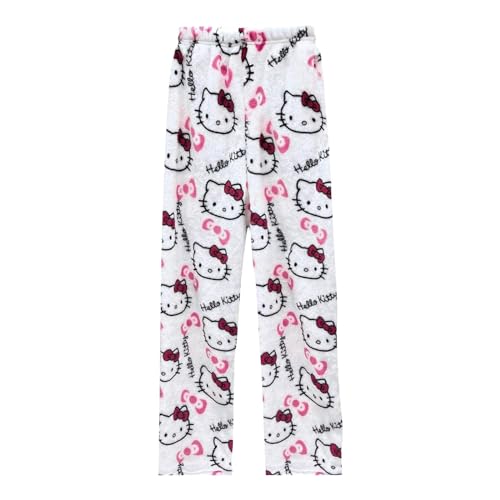 Schlafanzug Damen Hosen Lang Flanell Hello Kitty Pyjama Hose Damen Schlafhose Weich Kawaii Pyjamas Anime Bequeme Winter Schlafanzughose von JokeLomple