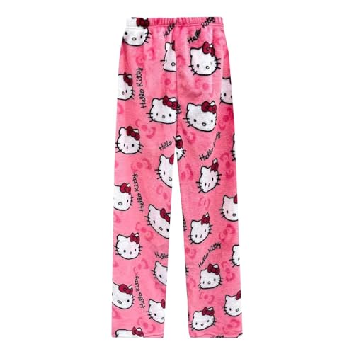 Schlafanzug Damen Hosen Lang Flanell Hello Kitty Pyjama Hose Damen Schlafhose Weich Kawaii Pyjamas Anime Bequeme Winter Schlafanzughose von JokeLomple