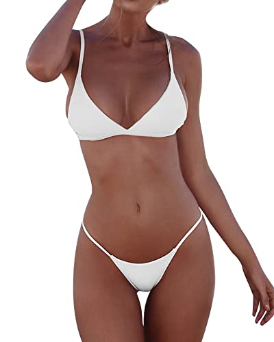 Jolefille Damen-Bikini-Set, dreieckig, zweiteilig, frech, hoch geschnitten, brasilianischer String, sexy, rückenfrei, Weißer Tanga-Bikini, Medium von Jolefille