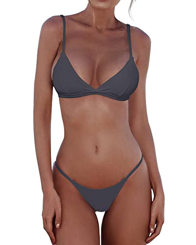 Jolefille Damen-Bikini-Set, dreieckig, zweiteilig, frech, hoch geschnitten, brasilianischer String, sexy, rückenfrei, N_grau_bikini_sets, Medium von Jolefille