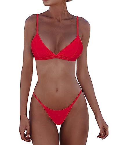 Jolefille Damen-Bikini-Set, dreieckig, zweiteilig, frech, hoch geschnitten, brasilianischer String, sexy, rückenfrei, Roter Tanga-Bikini, Medium von Jolefille