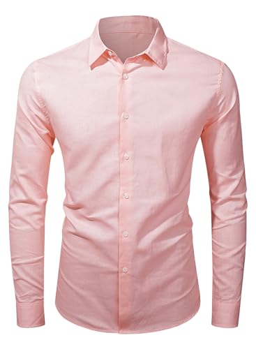 Jolicloth Hemd Herren Langarm Stehkragen Herren Casual Freizeithemd Regular Fit Business Leinenhemd Baumwolle Herrenhemden Rosa L von Jolicloth