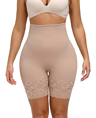 Joligiao Damen Figurenformend Hohe Taille Shapewear Anti-Chafing Miederpants Miederhose Bauch-Weg-Effekt Body Shape Shapewear Bauch Kontrolle Spitze Unterwäsche (Beige,S) von Joligiao