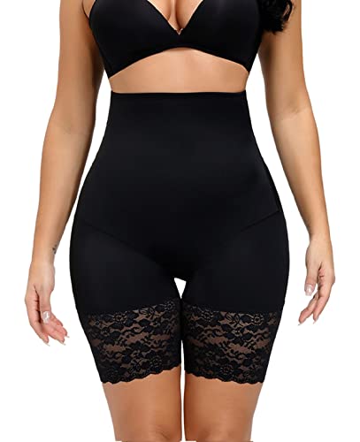 Joligiao Damen Figurenformend Hohe Taille Shapewear Anti-Chafing Miederpants Miederhose Bauch-Weg-Effekt Body Shape Shapewear Bauch Kontrolle Spitze Unterwäsche (Schwarz,M) von Joligiao