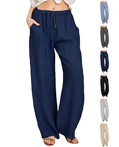 Joligiao Damen Freizeit Hose Länge Leinen Hosen Baumwolle Leinenhose mit Kordelzug und Taschen Casual Einfarbig Damen Hose Sommerhose Loose Freizeithose Jogginghose(Navyblau,M) von Joligiao