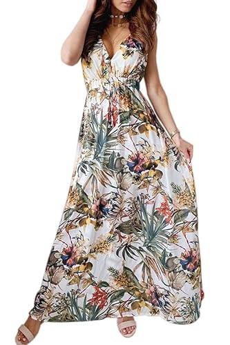 Joligiao Damen Sommerkleid Lang lässig Ärmelloses Kleid Lässig Locker V Ausschnitt Langes Kleid Floral Leichtes Kleid Wrap Elegant Hoch Taille Maxi Kleid Weiß XL von Joligiao