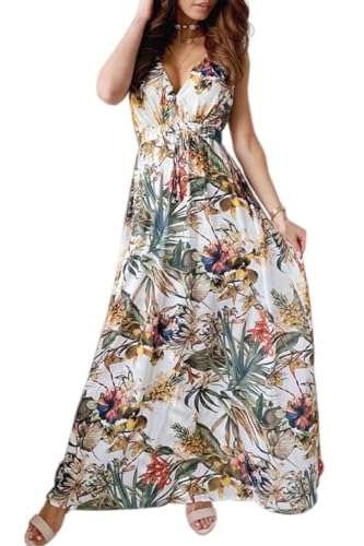 Joligiao Sommerkleid Damen Lang Maxikleid Sommer V Ausschnitt Kleid Blumen Elegant Sommer Kleid Boho Ärmelloses Lang Kleid Spaghettiträger Freizeitkleid Hochzeitsgast Partykleid Strandkleid von Joligiao