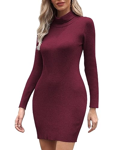 Joligiao Strickkleid Damen Rollkragen Elegant Pulloverkleid Langarm Winterkleid Pullover Kleid Freizeitkleid Casual Strickpullover Minikleid Pullikleid Cocktailkleid für Herbst Winter(Weinrot,M) von Joligiao