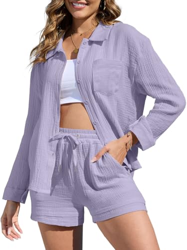Joligiao Zweiteiler Damen Sommer Musselin Bluse Hemd und Shorts Baumwolle Lounge Set Leicht Atmungsaktiv Freizeitanzug Strand Outfit Set Einfarbiges Aesthetic 2 Teiler Loungewear Anzug Mit Taschen Joligiao Zweiteiler Damen Sommer Musselin Bluse Hemd und Shorts Baumwolle Lounge Set Leicht Atmungsaktiv Freizeitanzug Strand Outfit Set Einfarbiges Aesthetic 2 Teiler Loungewear Anzug Mit Taschen von Joligiao